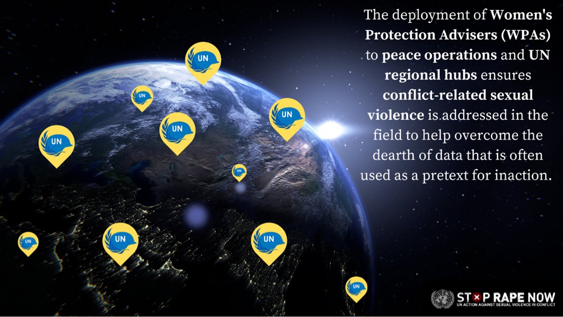 UNAction's tweet photo. Security Council Resolution 1888 (2009) established Women Protection Advisors (#WPAs) within UN #peacekeeping missions to specifically address and investigate #CRSV in the field. To date, the Security Council has called for the deployment of WPAs in 9 peace operations. https://t.co/YLUOs4qd13