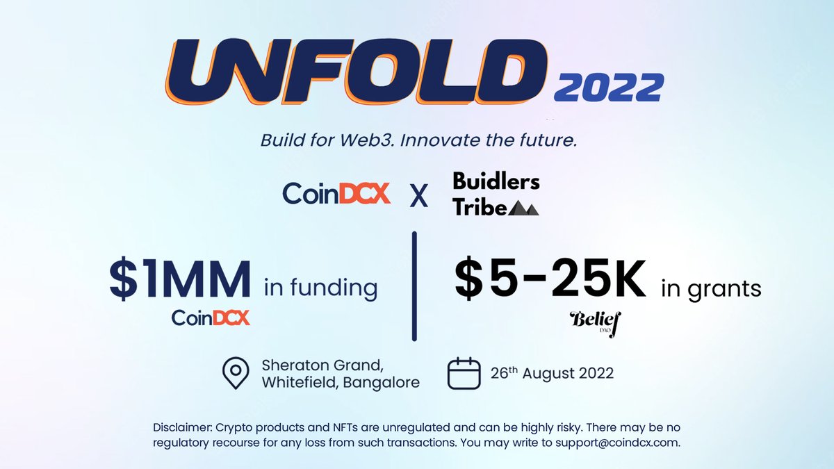 CoinDCX's tweet image. #Web3 Entrepreneurs!
Come, pitch your ideas to our VCs and CoinDCX Ventures 📊

Stand a chance to win up to, $1 million pool of funding and 💸
an additional $25k of BeliefDAO grants from @BuidlersTribe  🔥

Apply here NOW! - buidl.so/unfold-2022