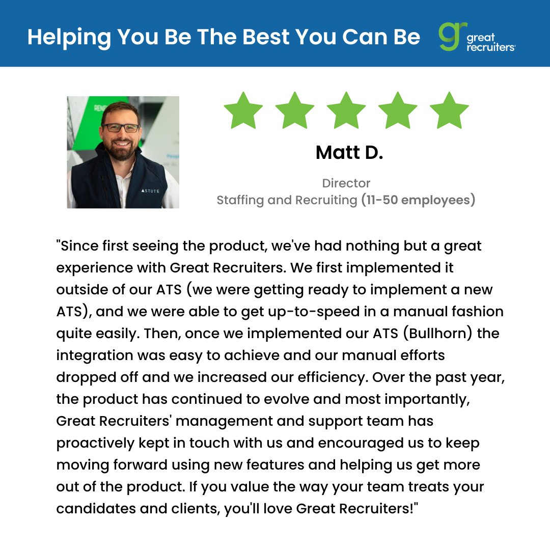 It's #TestimonialThursday! Like the title says, be the best that you can be.

Check out this testimonial by Matt Dickens, Director at Astute Technical, about how Great Recruiters is helping them to keep moving forward. We love GREAT experiences!

#greatrecruiters #testimonials