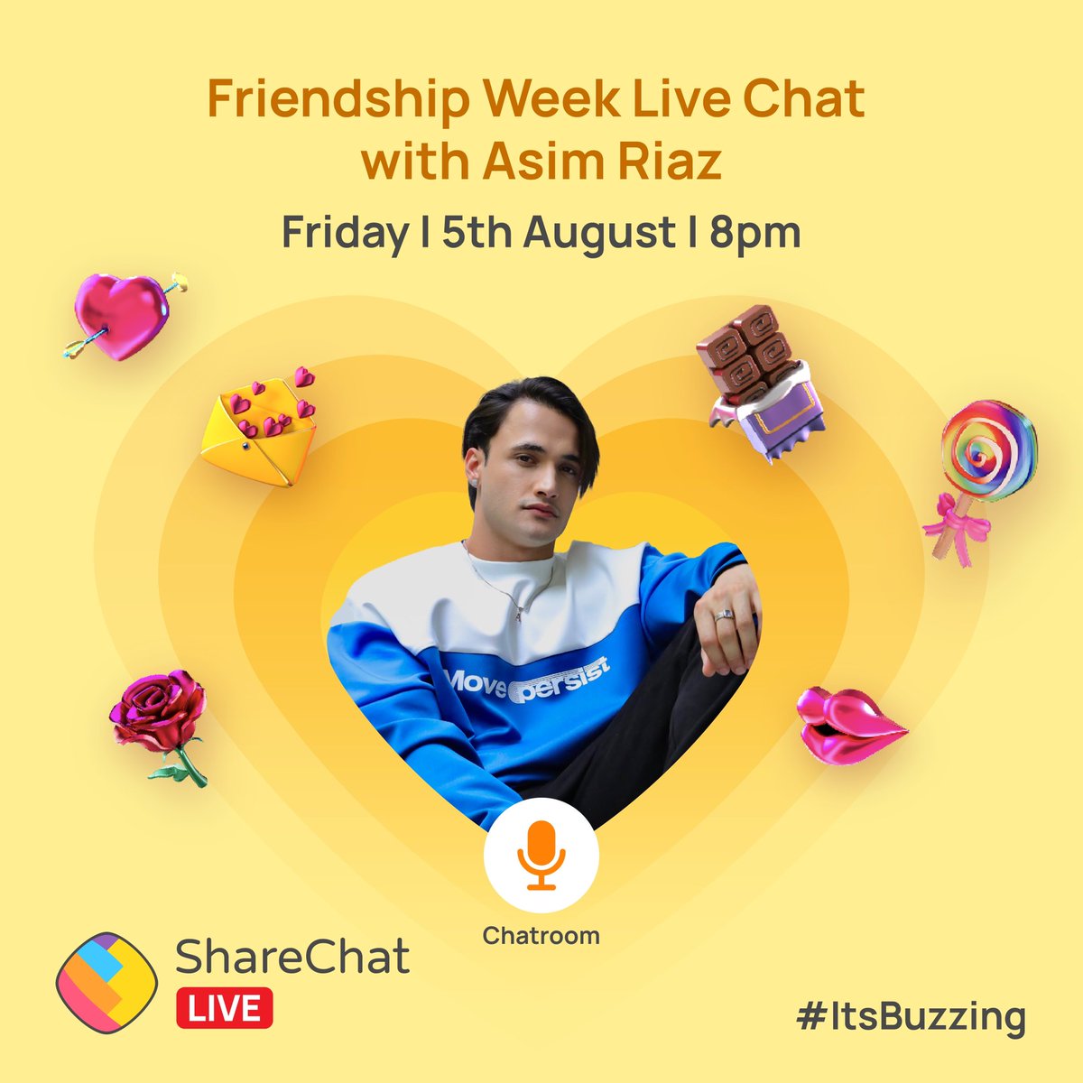 💗 And the first guest on the Friendship Week Live Chat is @imrealasim! A person who cherishes love & true friendship in real life, Asim will be with us to talk about dosti & pyaar. Join us tomorrow on #ShareChatLive Chatrooms at 8:00 PM! 💖👫 #ItsBuzzing #LoveandFriendshipWeek