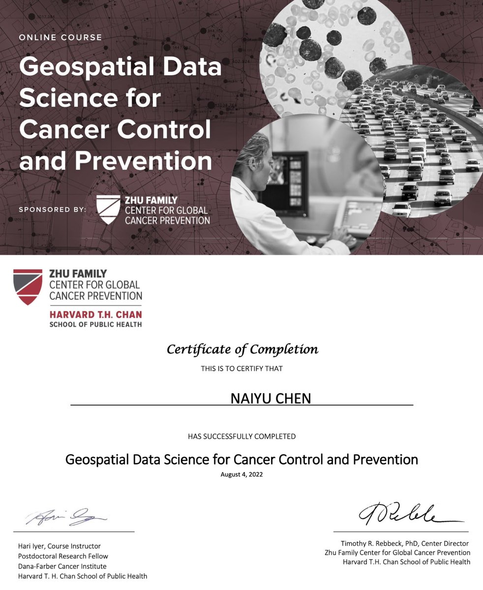 I’m grateful for this exceptional opportunity to learn about geospatial data science in the context of cancer research! In the last 8 weeks, I’ve learned so much from <a href="/hiyer_epi/">Hari Iyer</a> and all the guest speakers. Excited to apply this in my future work! 
@HarvardZhuCGCP <a href="/HarvardChanSPH/">Harvard T.H. Chan School of Public Health</a>