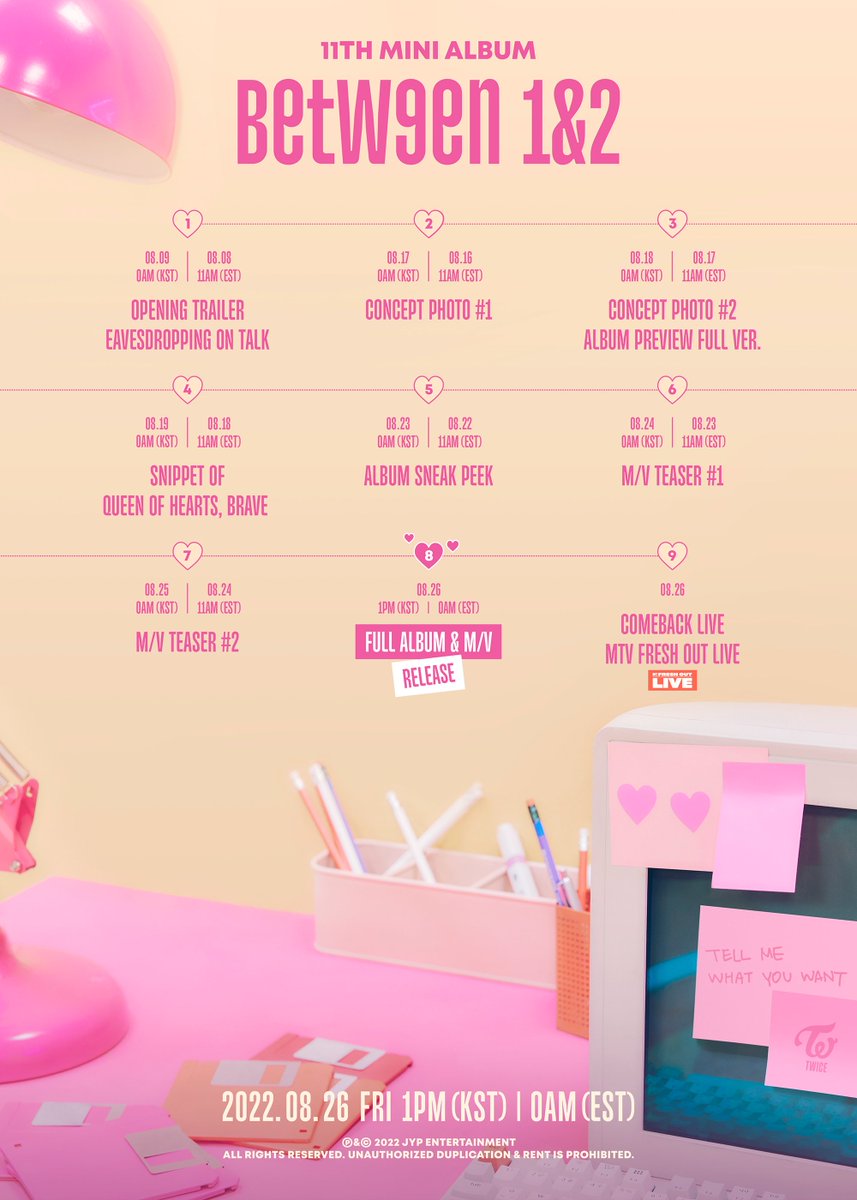 TWICE on X: TWICE 11TH MINI ALBUM BETWEEN 1&2 Release on 2022.08.26 FRI  1PM KST/0AM EST Worldwide Pre-order Starts 2022.07.26 TUE 1PM KST/0AM EST # TWICE #트와이스 #BETWEEN1and2 #ThankYouONCE #ForeverWithONCE   / X