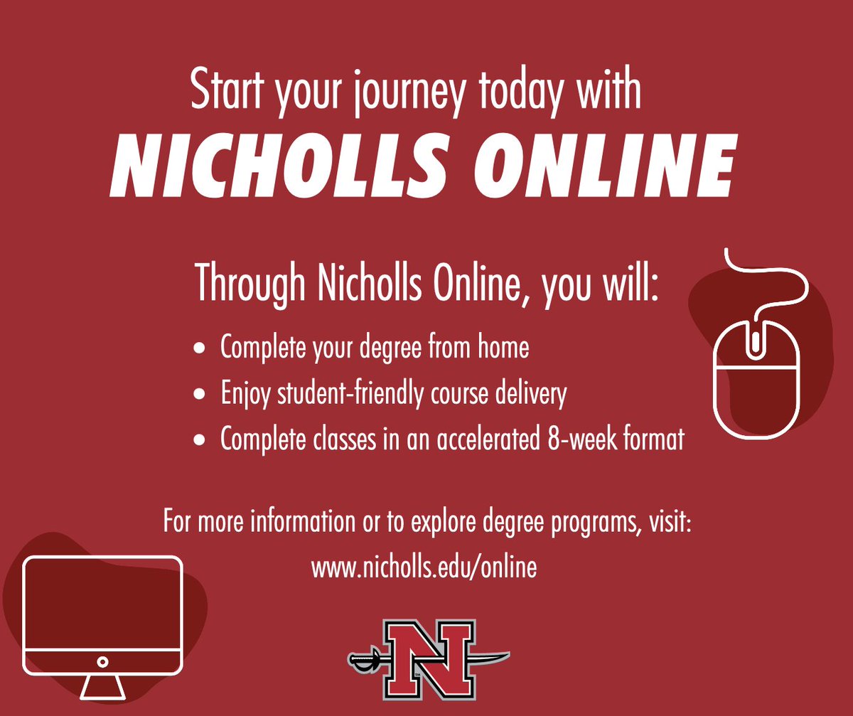 NichollsState's tweet photo. With @NichollsOnlinEd's wide variety of programs for all levels of education, and it's never been easier to start your journey to your next degree!

To browse our course offerings, visit: https://t.co/IBiB0dtHUU https://t.co/8WbAgwuSX9