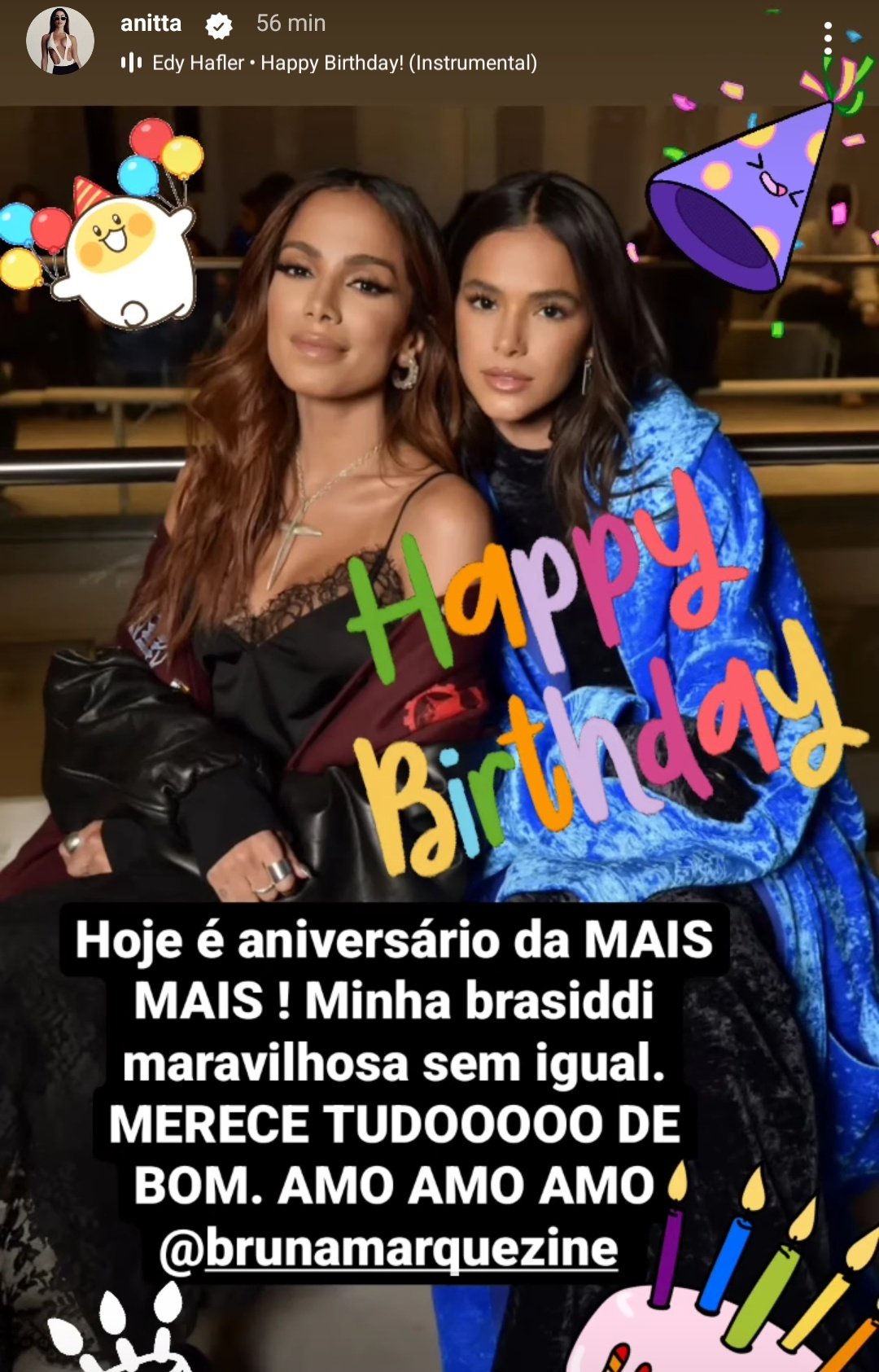 Anitta wishing happy birthday to her friend Bruna Marquezine. 