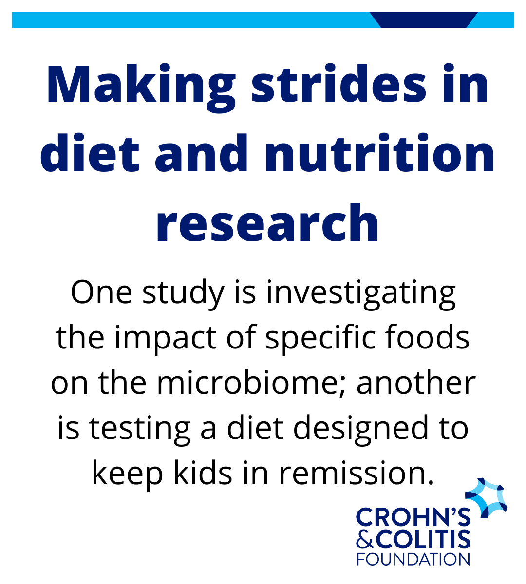 CrohnsColitisFn's tweet photo. Researchers are exploring the connection between the foods people eat, the microbiome in the gut, &amp; IBD. Foundation-funded research is also focusing on children who reintroduce solid foods after reaching remission on an exclusively liquid diet. Learn more: https://t.co/GuBfnIxaRz https://t.co/hhjLXd2f5l