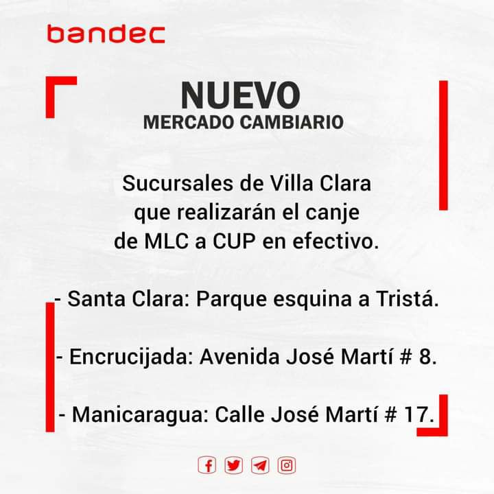 Port3Network___'s tweet photo. En el caso de Bandec, en Las Tunas, los canjes se realizarán en las sucursales 6441, de la capital provincial (Avenida 30 de Noviembre s/n. entre Francisco Varona y Ave. 2 de Diciembre), y 6561, del municipio Amancio. https://t.co/zfk8swFUGA