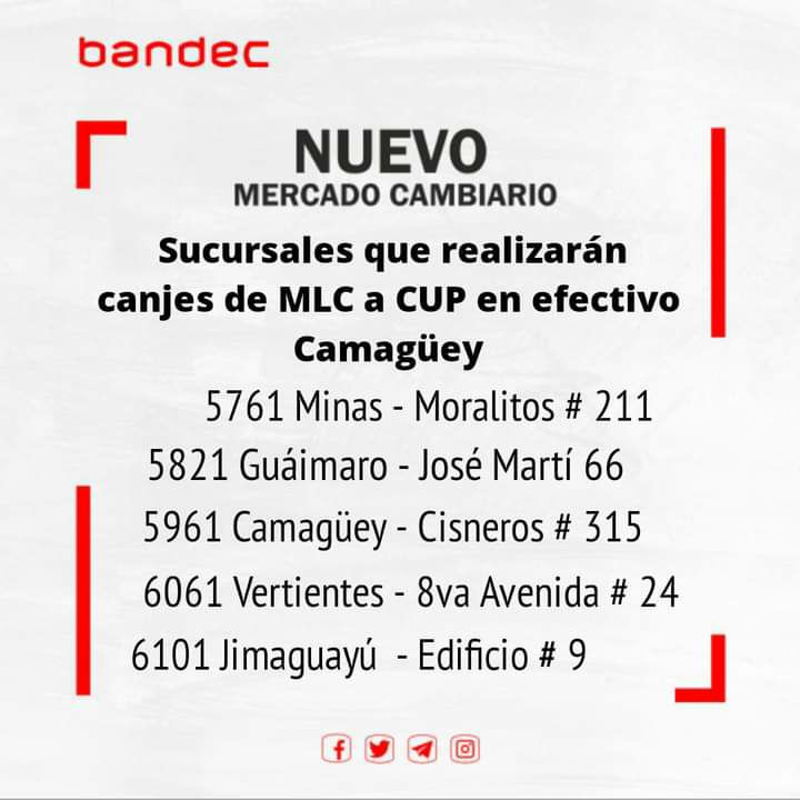 Port3Network___'s tweet photo. En el caso de Bandec, en Las Tunas, los canjes se realizarán en las sucursales 6441, de la capital provincial (Avenida 30 de Noviembre s/n. entre Francisco Varona y Ave. 2 de Diciembre), y 6561, del municipio Amancio. https://t.co/zfk8swFUGA
