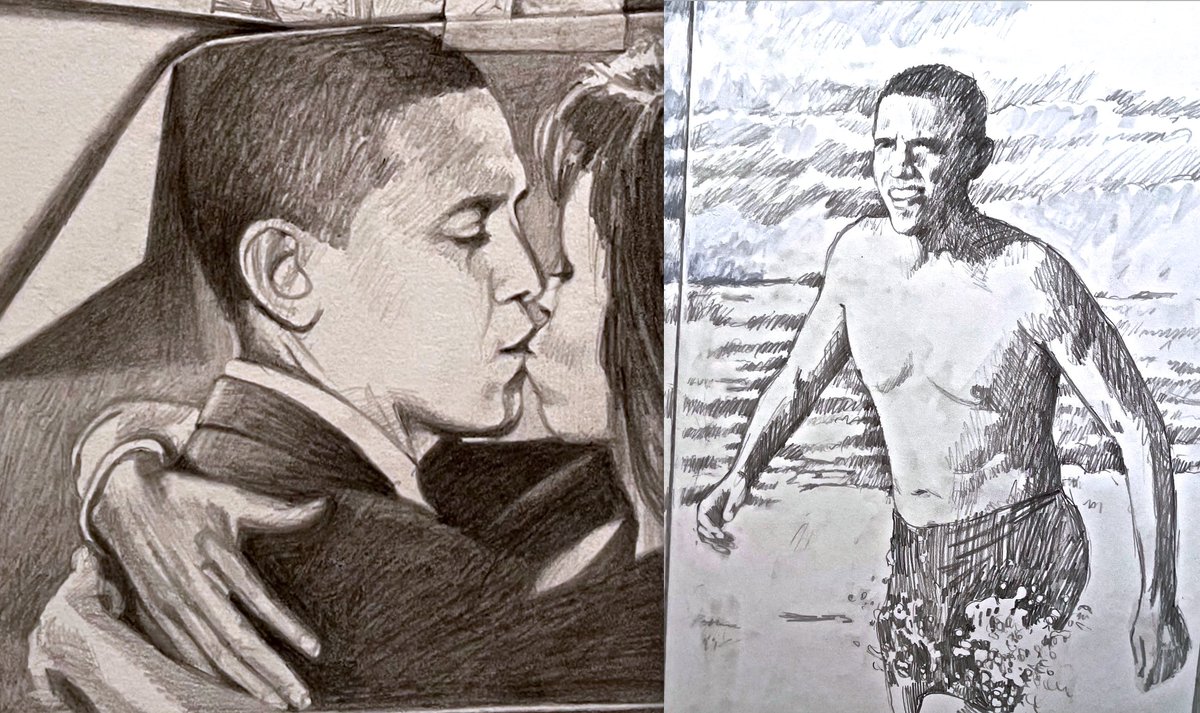 Jonathan Santlofer (@jsantlofer) on Twitter photo Got out my pencils plus a little inky blue wash to draw Obama on his birthday. These are 2 separate drawings lobbed together. But why not, I imagine he got a birthday kiss from Michelle. Happy Birthday Barack Obama. <a href="/BarackObama/">Barack Obama</a> <a href="/MichelleObama/">Michelle Obama</a> #drawing #Sketching #pencilsketch Got out my pencils plus a little inky blue wash to draw Obama on his birthday. These are 2 separate drawings lobbed together. But why not, I imagine he got a birthday kiss from Michelle. Happy Birthday Barack Obama. <a href="/BarackObama/">Barack Obama</a> <a href="/MichelleObama/">Michelle Obama</a> #drawing #Sketching #pencilsketch