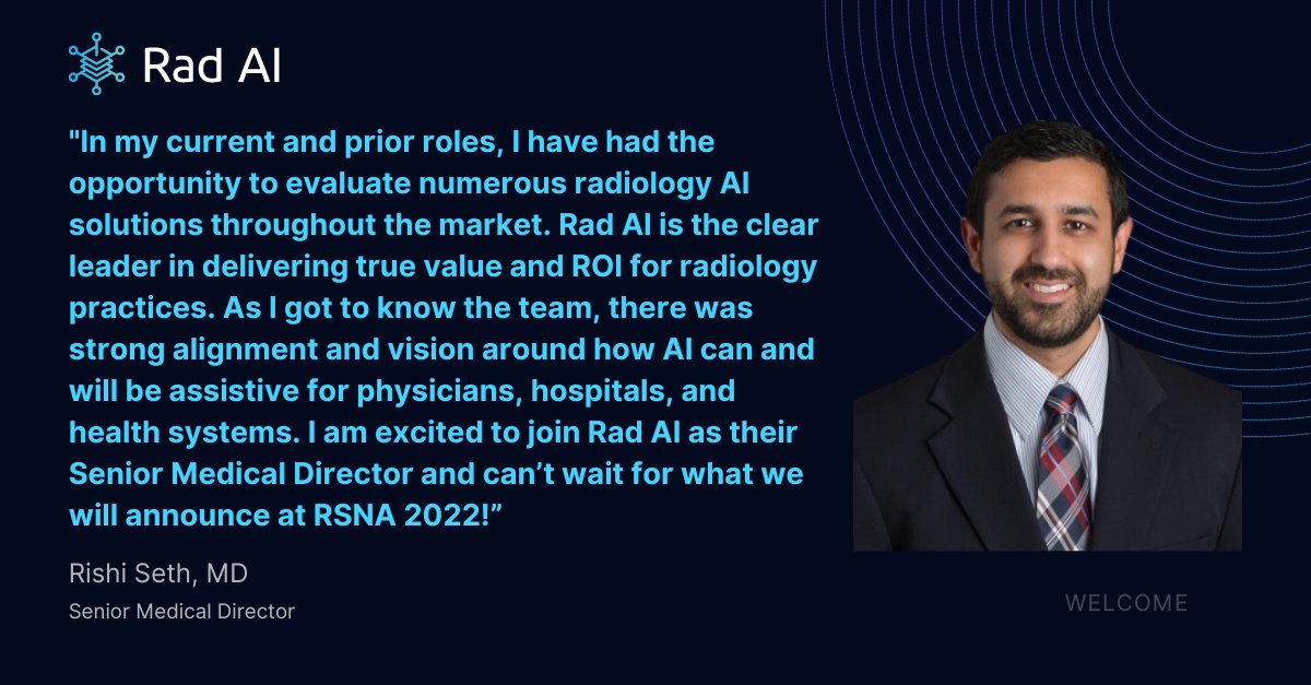 radai's tweet photo. The Rad AI team is pleased to announce Rishi Seth, MD joining our ranks as the Senior Medical Director. 

To read more about our newest leader: 
https://t.co/zJpxxWWQV2

#WelcomeAboard #HealthcareJobs #AIinHealthcare #Radiology #MedicalImaging https://t.co/wRajkprWDv