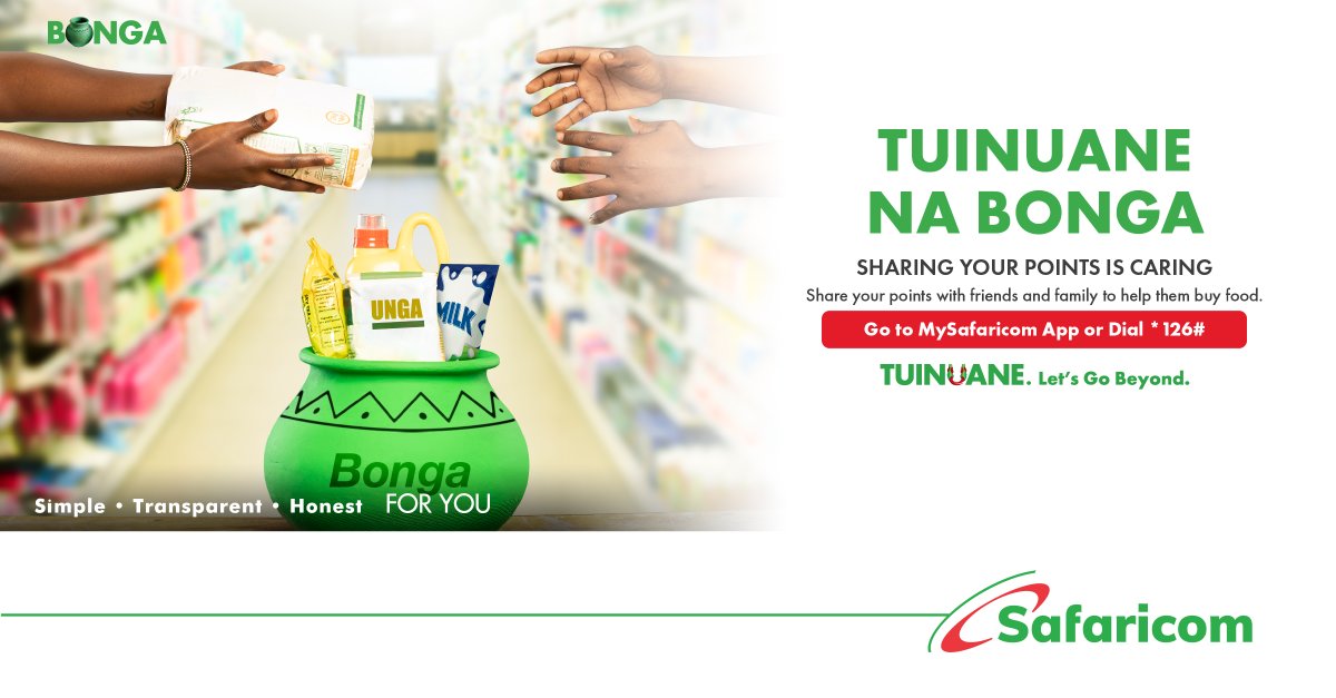Uplift your family and friends by sharing your Bonga Points with them for food shopping. Go to MySafaricom App, select Bonga Rewards and then select Transfer Points or Dial *126# to start sharing. #Tuinuane #BongaForFood