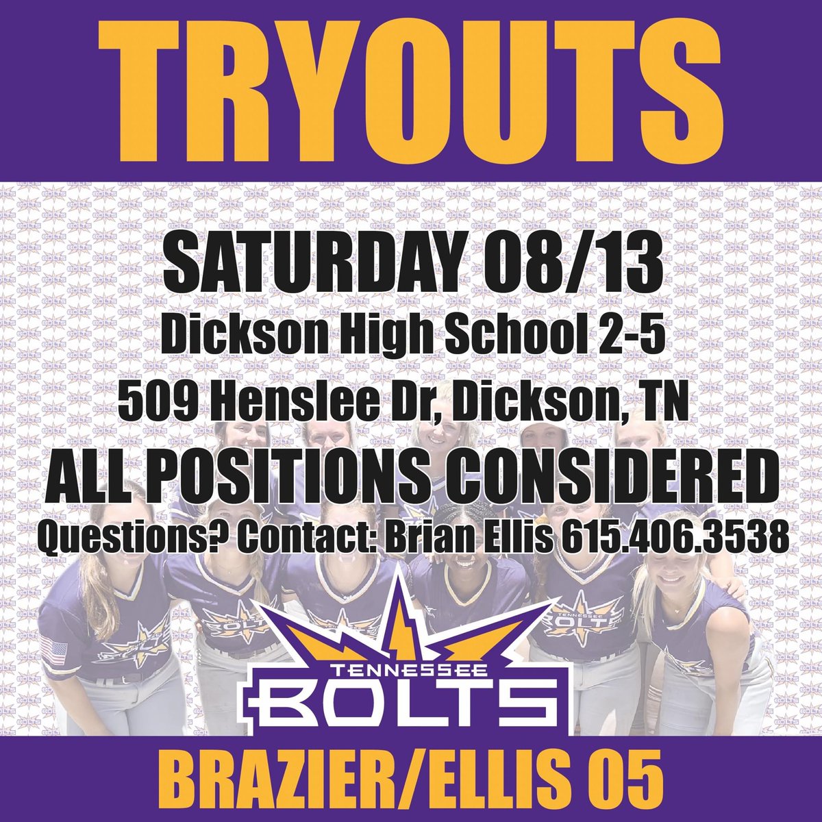 Reach out to <a href="/brianellis0311/">Brian Ellis</a> for questions about the team or tryout information or <a href="/titanshea/">Shea Wigginton</a>  for recruiting. #boltsboom