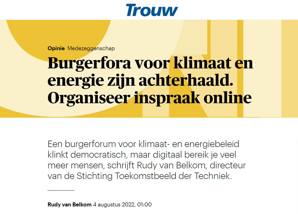 Net voordat ik met vaderschapsverlof ging schreef ik een opiniestuk over #burgerfora. Vandaag te lezen <a href="/trouw/">Trouw</a>! Hoog tijd dat de overheid de kansen van digitale inspraak serieus gaat nemen! Lees het stuk hier: trouw.nl/opinie/burgerf… #aliveandclicking #democratie #burgerinspraak