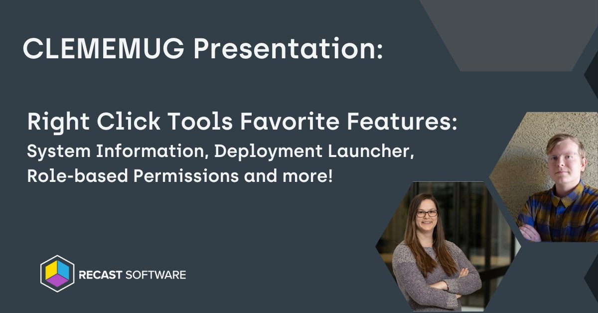 RecastSoftware's tweet image. Join us for #CLEMEMUG on 8/11 at 12PM CST/1 PM EST! 

Recast&apos;s Courtney and Kody will be covering some of their favorite features within #RightClickTools like system information, deployment launcher, role-based permissions, and much more!

Register here: ow.ly/qFHU50KbwzY