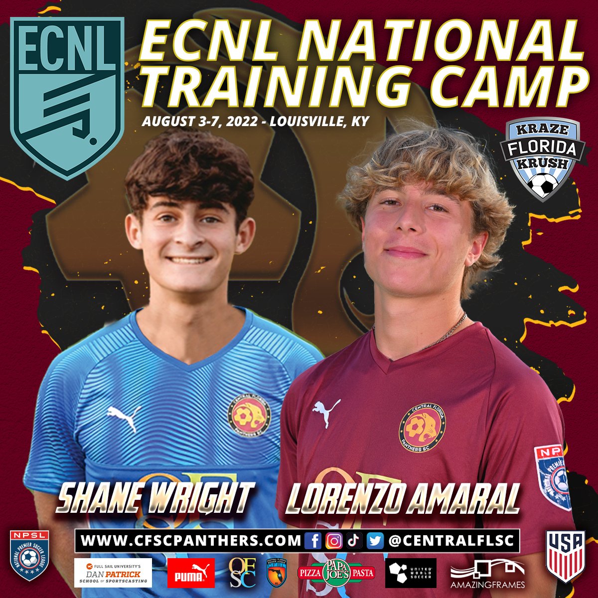 We are elated to congratulate 2 of our high school juniors from <a href="/FlKrazeKrush/">Florida Kraze Krush</a> for being invited to the <a href="/ECNLboys/">ECNL Boys</a> National training camp. We loved having them this <a href="/NPSLSoccer/">National Premier Soccer League (NPSL)</a> season. Good luck Lorenzo and Shane! #ecnl #nationalcamp #ecnlboys #fkkfamily #npsl #cfscpanthers