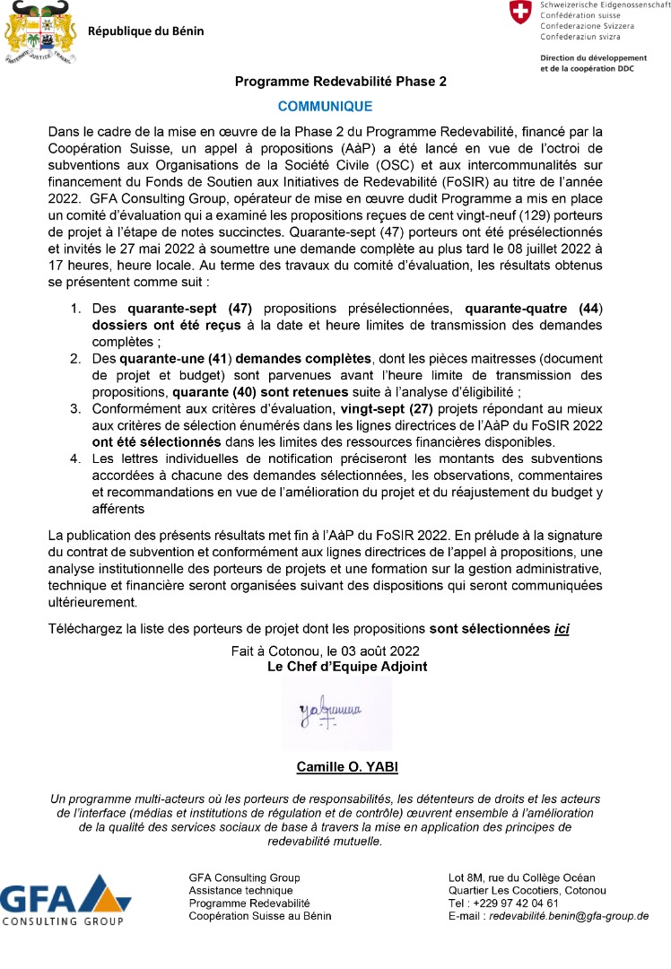 mdsc229's tweet photo. Vous avez postulé à l’appel à proposition de projet du Fonds de Soutien aux Initiatives de Redevabilité (FoSIR) de la Phase 2 du Programme Redevabilité, financé par @DDCBenin au titre de l’année2022?
Consultez les résultats suivant
#FoSIR #Redevabilité #wasexo https://t.co/8v8ddO5yRl