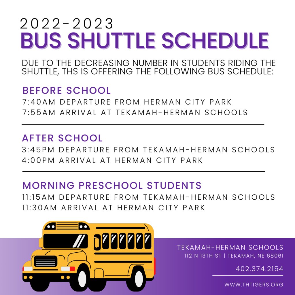 Attached is the Bus Shuttle Schedule for the 22-23 school year. Please review carefully as this has been updated from last year.