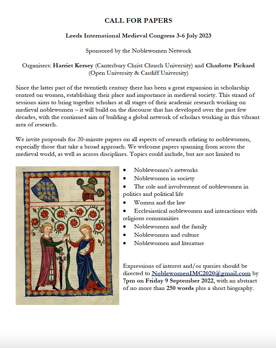We are pleased to announce that we are organising sessions on #noblewomen for #IMC2023 <a href="/IMC_Leeds/">IMC_Leeds</a>. Please see the #cfp for more information.