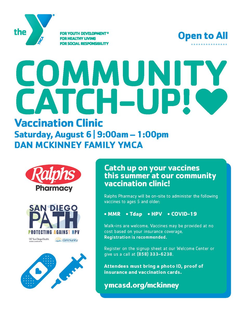 Join the <a href="/YMCASanDiego/">YMCA San Diego</a> for a Community Catch-Up vaccine event on Saturday, August 6th! See fly for more details #LiveWellSD