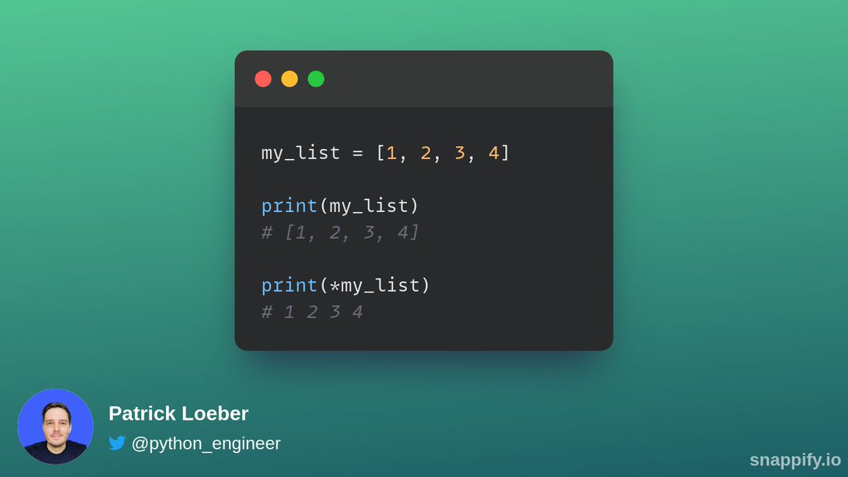 patloeber's tweet image. Python Tip:

You can extract values from a List and pass them as separate function arguments by using &apos;*&apos;.

For example with the print() function: