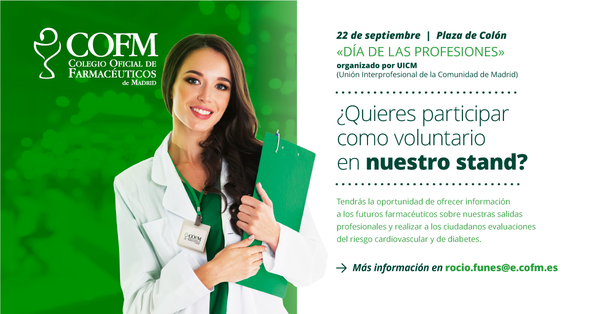 COFMadrid's tweet photo. 📣¿Nos acompañas como voluntari@ en nuestro stand el #DíaProfesionesUICM2022?

✔️ Tendrás la oportunidad de ofrecer información sobre la salidas profesionales de #farmacia y realizar a los ciudadanos evaluaciones de riesgo cardiovascular y de diabetes. 

➡️https://t.co/LK9GPDULDK https://t.co/7LZRFNy7lP
