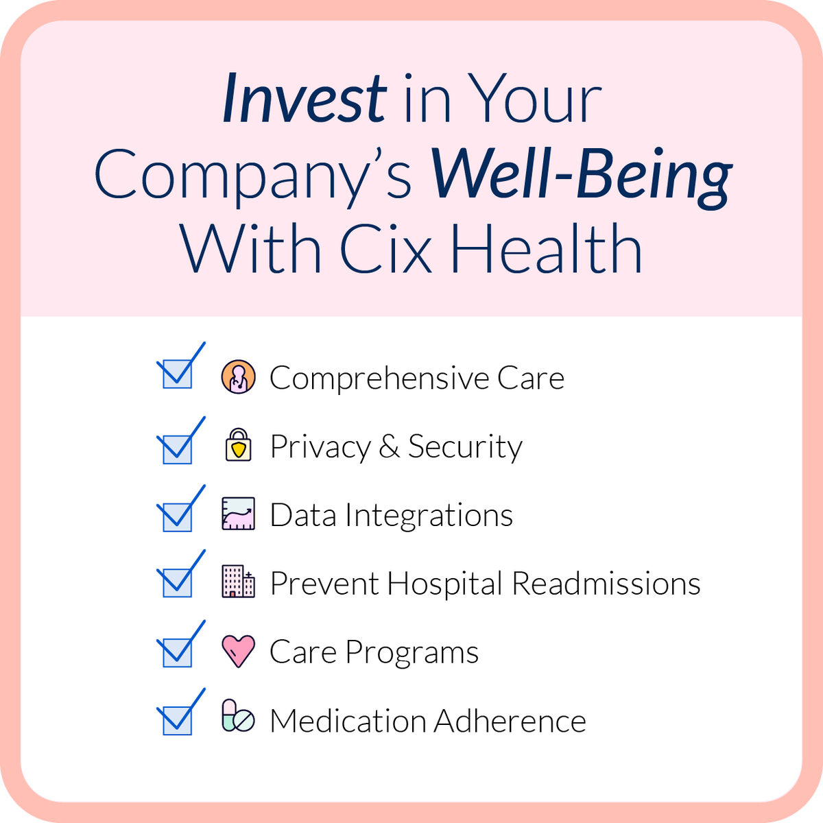 Leave the heavy lifting to us. Cix Health is here to check off all the items on your list and be your company’s guide to better health and engagement. Learn more here. ow.ly/92SL50KaGVp #healthapp #wellbeing #invest