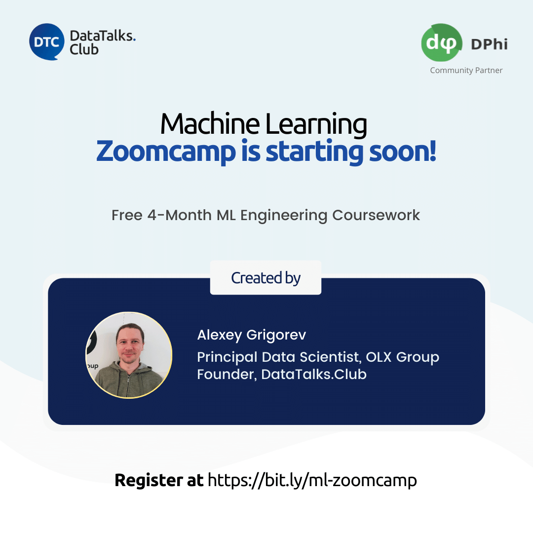 Join the free course by @DataTalksClub to learn ML Engineering. 👉 bit.ly/ml-zoomcamp! What's covered? ✔️Basics ✔️Regression ✔️Classification ✔️Evaluation ✔️Deployment ✔️Decision Trees & Ensembles ✔️Deep Learning ✔️Serverless DL ✔️K8S & TF Serving ✔️KServe ✔️Project