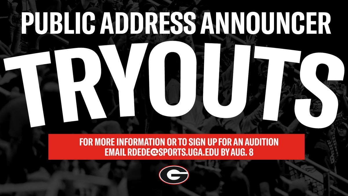 Georgia Bulldogs (@UGAAthletics) on Twitter photo 2022-08-04 14:06:01 Think you have what it takes to be a PA Announcer for the Dawgs? Email rdede@sports.uga.edu by August 8 for more information and to sign up for an audition! Think you have what it takes to be a PA Announcer for the Dawgs? Email rdede@sports.uga.edu by August 8 for more information and to sign up for an audition!