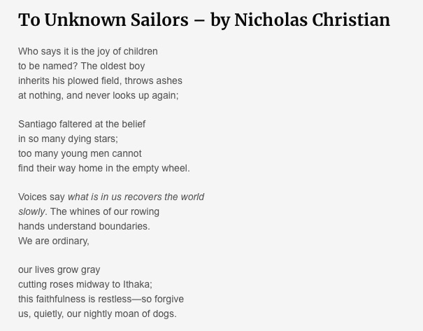 Poet Nicholas Christian's "To Unknown Sailors" is featured in Rockvale's Issue 8. Here it is: