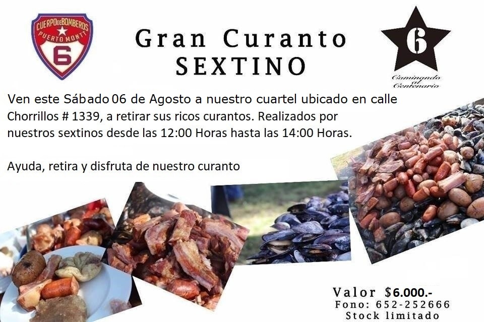 NO LO OLVIDEN!!! 
GRAN CURANTO SEXTINO!

Este sábado 06 de agosto, retiro en nuestro Cuartel ubicado en Chorrillos #1399, entre las 12:00 hrs. y las 14:00 hrs.

Los Esperamos!!
#PuertoMontt @CBPMO