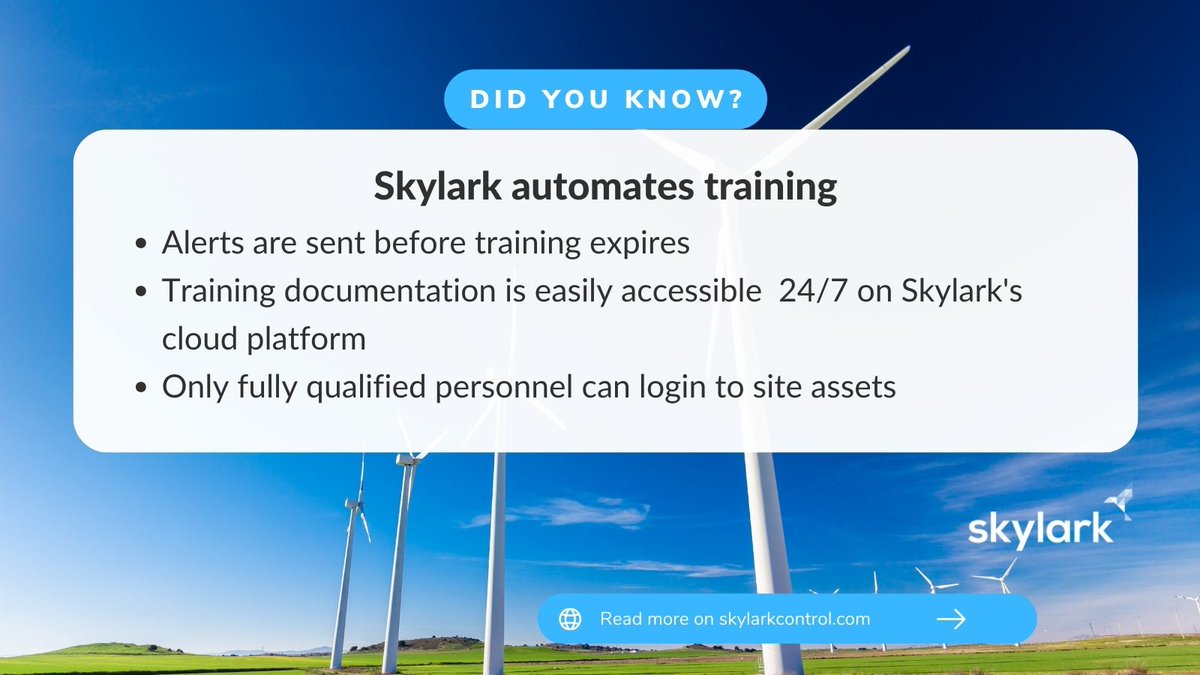 Automate operational control team training, and ensure access for certified only workers on #renewable sites. With automated training #Compliance within the Skylark software, higher standards of #safety and reduced #risk levels can be achieved. Learn more. bit.ly/36GYkEL