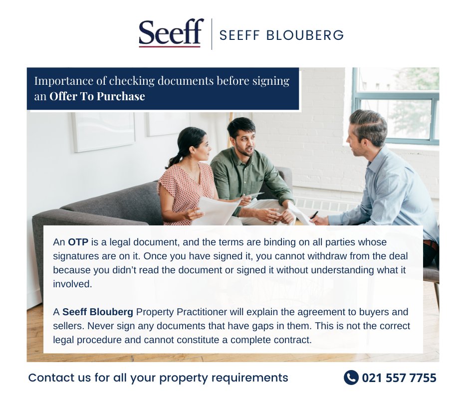 Before signing an Offer To Purchase, you must make sure that you understand the terms of the contract and the possible consequences 🤝
-
-
#SeeffProperties #SeeffBlouberg #SeeffCares #propertyadvice #propertytips #SeeffYourWayHome
blouberg.seeff.com