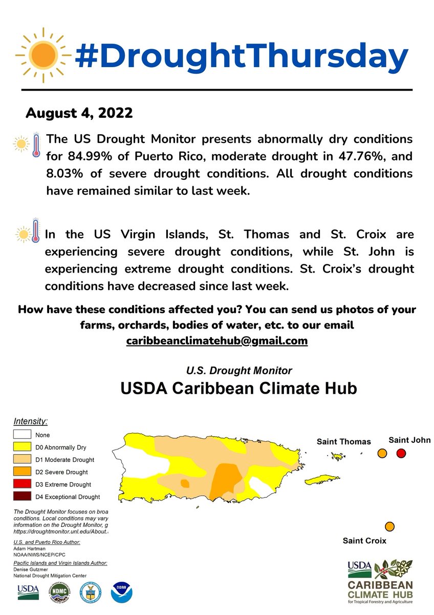 CaribeHub's tweet photo. #DroughtThursday August, 4, 2022. #droughtconditions have decreased in the island of St. Croix #CCH #ClimateHubs. https://t.co/uoWxnNWqzy