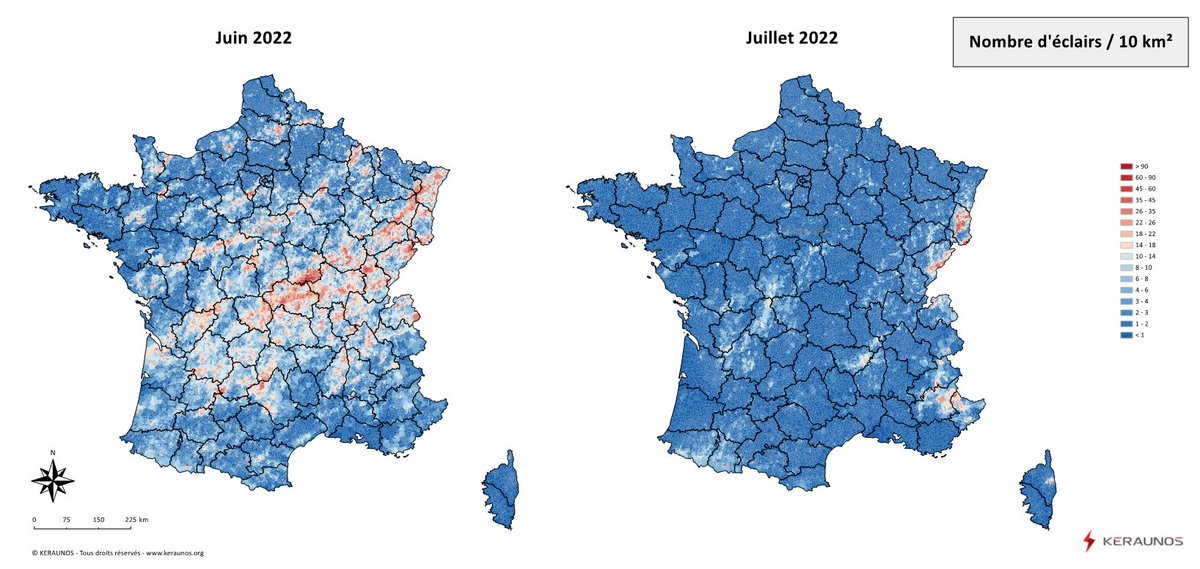 Gros coup d'arrêt aux #orages en juillet : 5 fois moins d'éclairs qu'en juin, qui avait été très actif sur ce plan. Juillet 2022 se positionne donc en toute logique comme le mois de juillet le moins orageux depuis au moins 2009 en France, malgré la chaleur #secheresse 