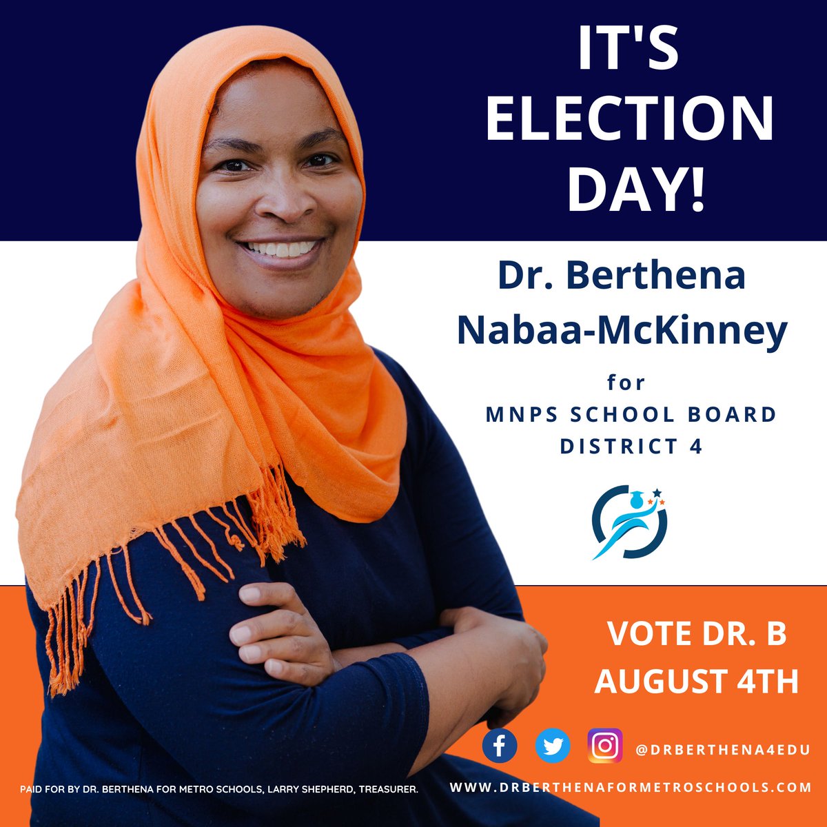 It's Election Day Nashville! We sure hope we can count on you to show up and vote for Dr. B for School Board in District 4!

Find your polling location here: maps.nashville.gov/pollingplacefi…

#imwithdrb #drb4schoolboard #votefordrb #drbforsbd4