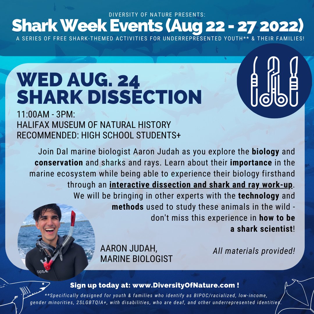 Join <a href="/SeaPrinceAaron/">Aaron B. Judah 🔱</a> for our inaugural Halifax Shark Week held Aug 21-28th! Check out two of our scheduled events below and sign up at diversityofnature.com/signup 🦈🌊 See you there!