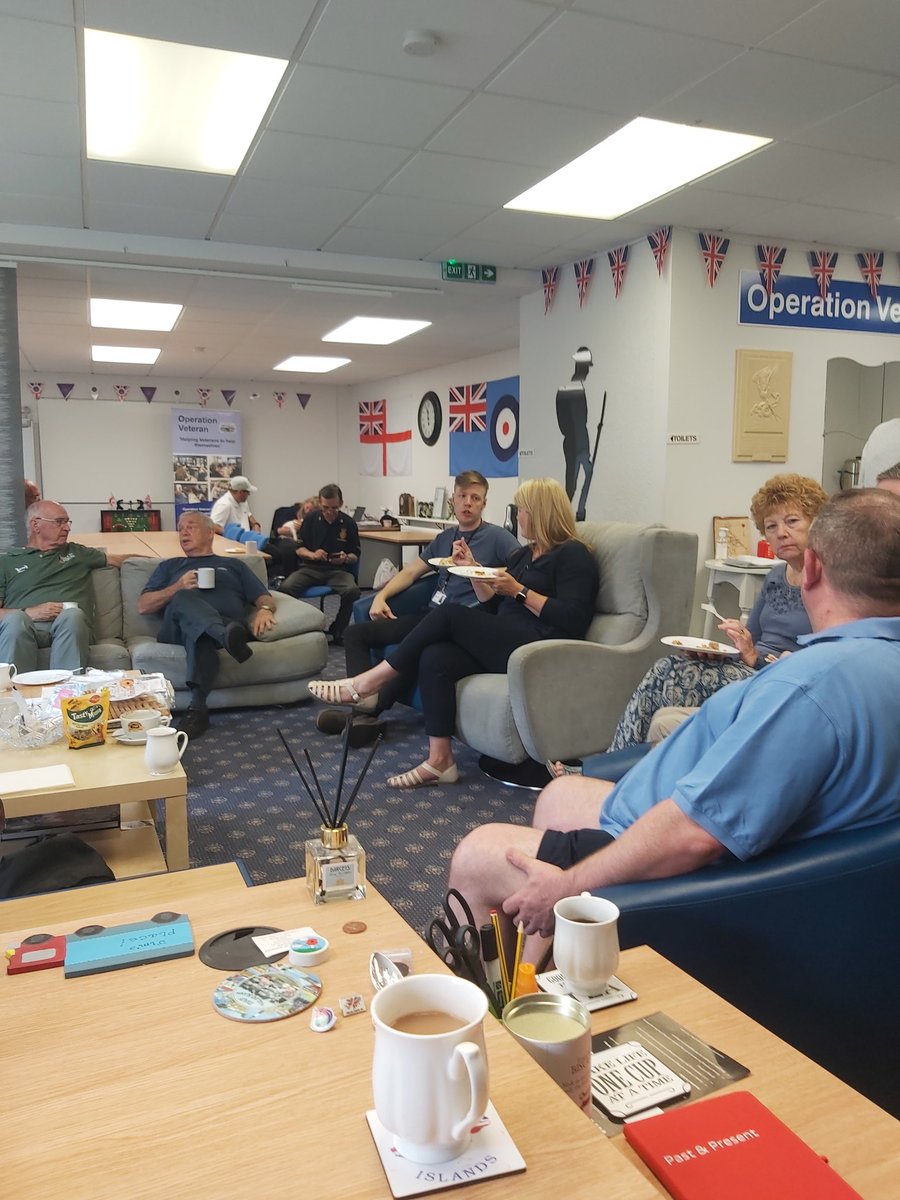 JimOwens959's tweet photo. Fabulous morning at the Op Veteran 'Pull up a Sandbag' drop in, thanks to our guests from @ageUKNT, @AgeUKNorthumber & #SportingForce for dropping in. But a special guest appearance from 'Crystal the Blue Staffy' a support dog for one of our veterans, stole the day 🥰😊🙏 https://t.co/Zvxdo5a06e