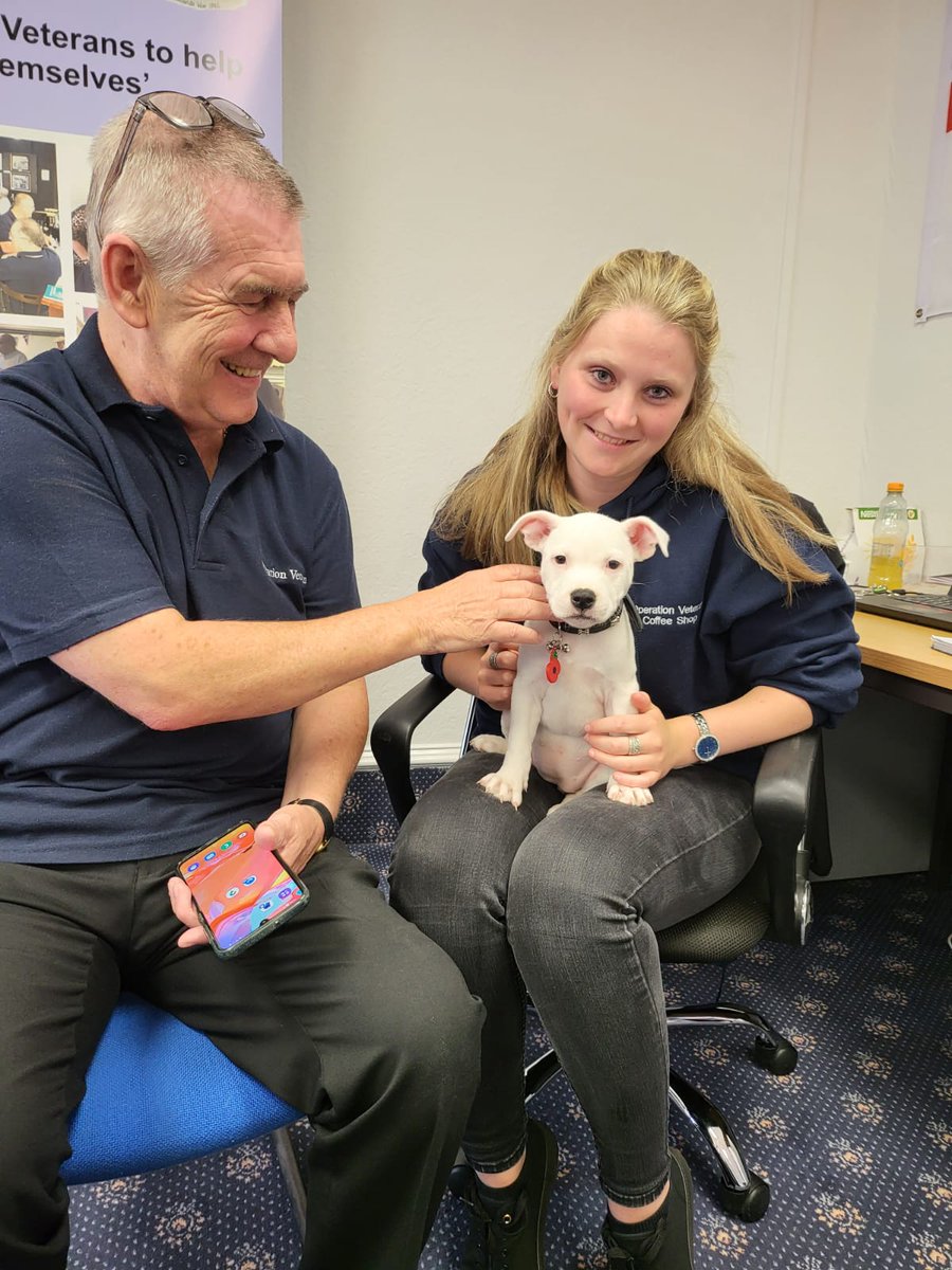 JimOwens959's tweet photo. Fabulous morning at the Op Veteran 'Pull up a Sandbag' drop in, thanks to our guests from @ageUKNT, @AgeUKNorthumber & #SportingForce for dropping in. But a special guest appearance from 'Crystal the Blue Staffy' a support dog for one of our veterans, stole the day 🥰😊🙏 https://t.co/Zvxdo5a06e