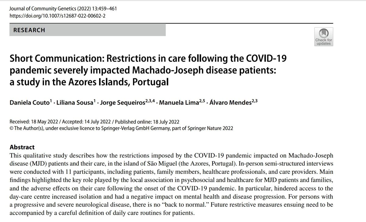 Happy to share our latest paper on how the restrictions in care following COVID-19 impacted persons with Machado-Joseph disease in the Azores, Portugal. @jorgesequeiros @AtaxiaUK @Euroataxia @eurordis