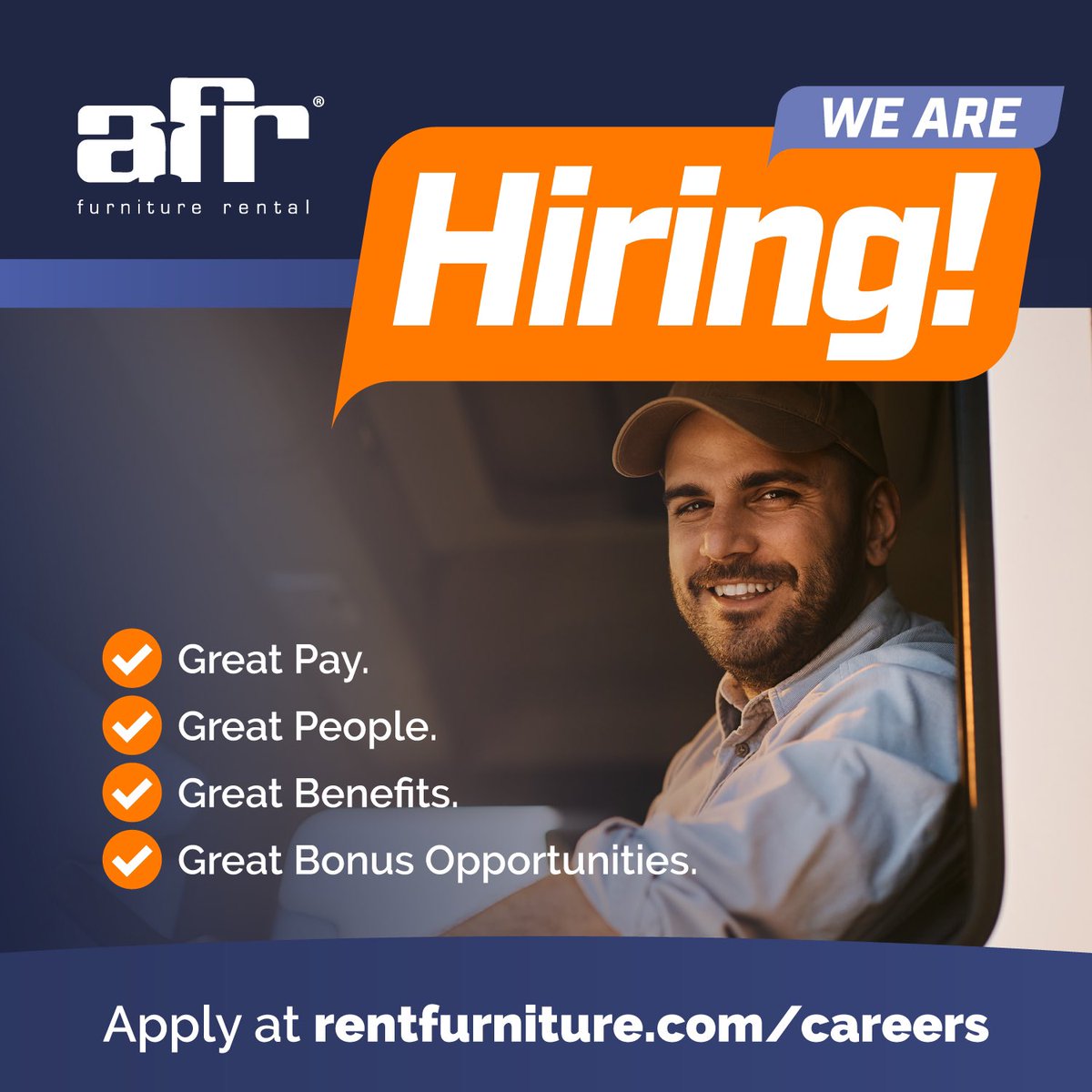 JOB SEARCHING? Truck drivers needed for all of our locations. 

rentfurniture.com/careers

#driverswanted #truckdriver #careeropportunities #afrfurniturerental #jobsearch #jobopening