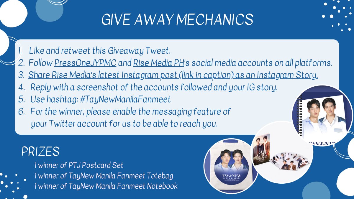 PressOneJYPMC's tweet photo. Still hung over #TayNewManilaFanmeet? We gotchu fam! Join us in this Give Away event and get a chance to win amazing prizes!

IG post to share: https://t.co/IYS43gLen9

See poster for more details!

#เตนิว https://t.co/3DKEdfjPMA