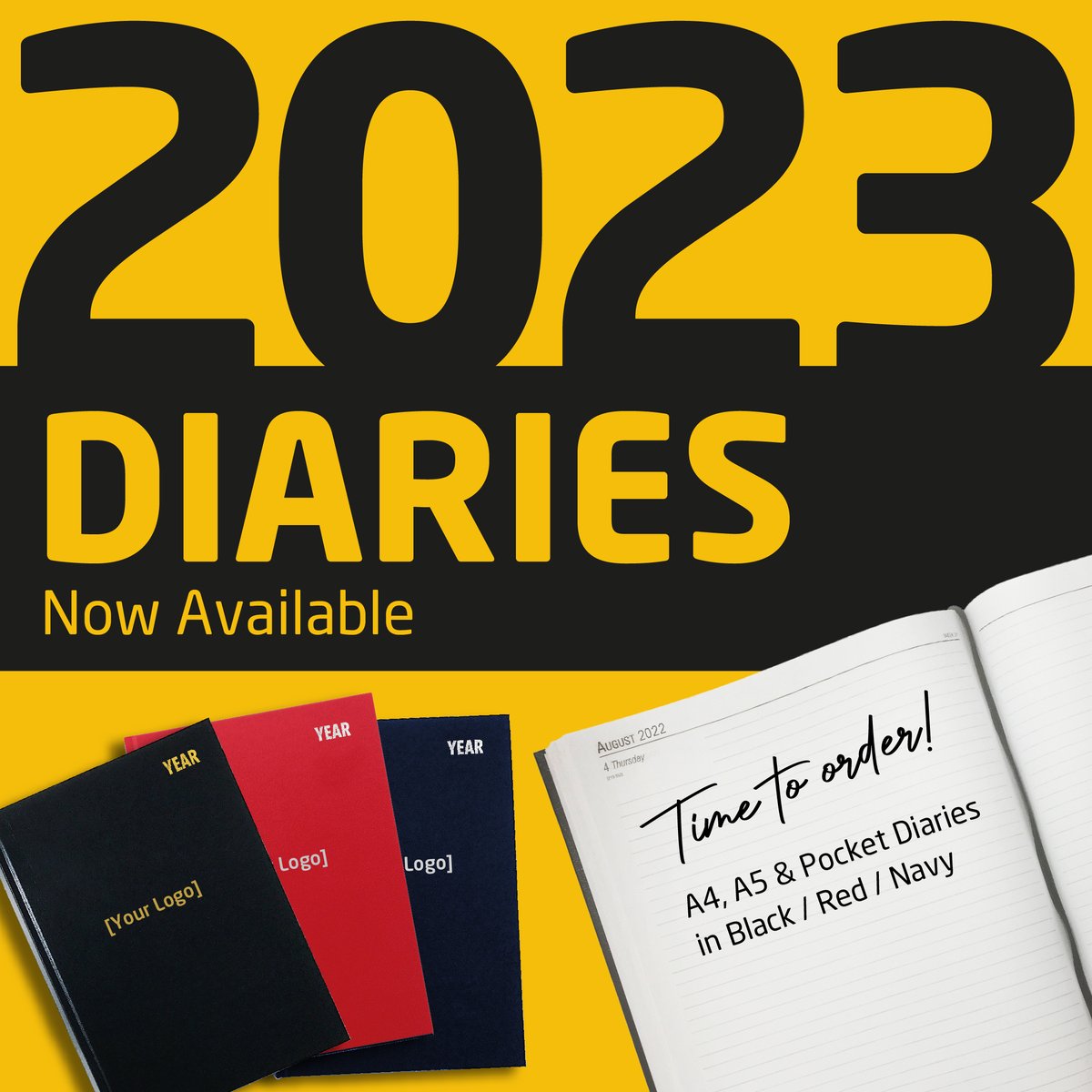 Stay organised and get ready for the new year with our custom branded diaries, designed to meet your specific branding requirements.

Choose from A4, A5 and pocket diaries, available in black, red or navy. Get in touch to discuss your business needs.