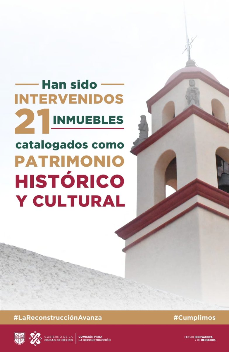 Dentro de los inmuebles afectados por el sismo del 19 de septiembre de 2017, también resultaron afectados aquellos catalogados como Patrimonio Histórico y Cultural, atendemos 21, ¡y 18 ya han sido concluidos! 👏🏽 

#LaReconstrucciónAvanza 
#Cumplimos ❤️