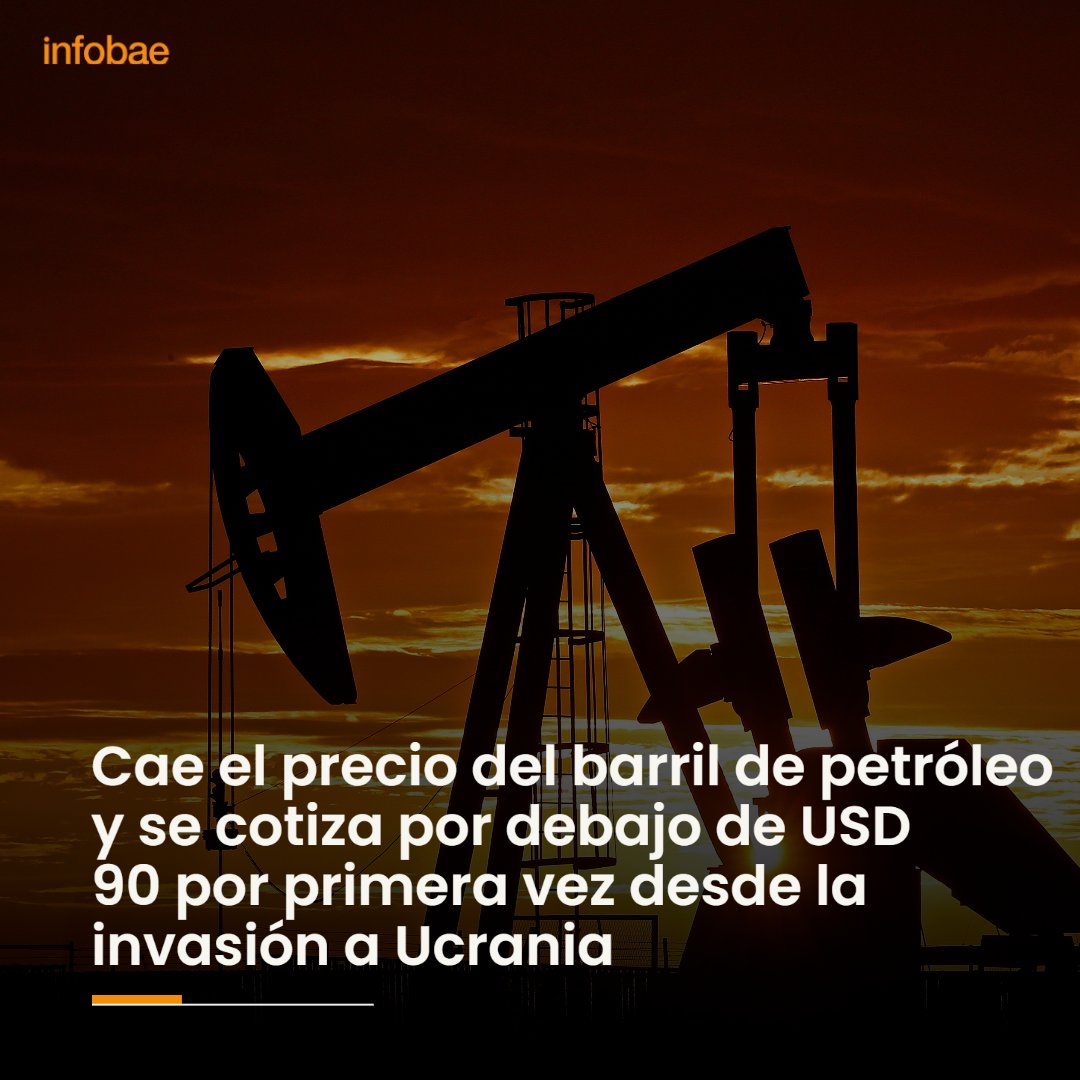 Cae el precio del barril de petróleo y se cotiza por debajo de USD 90 por primera vez desde la invasión a Ucrania infob.ae/3PYeYEH