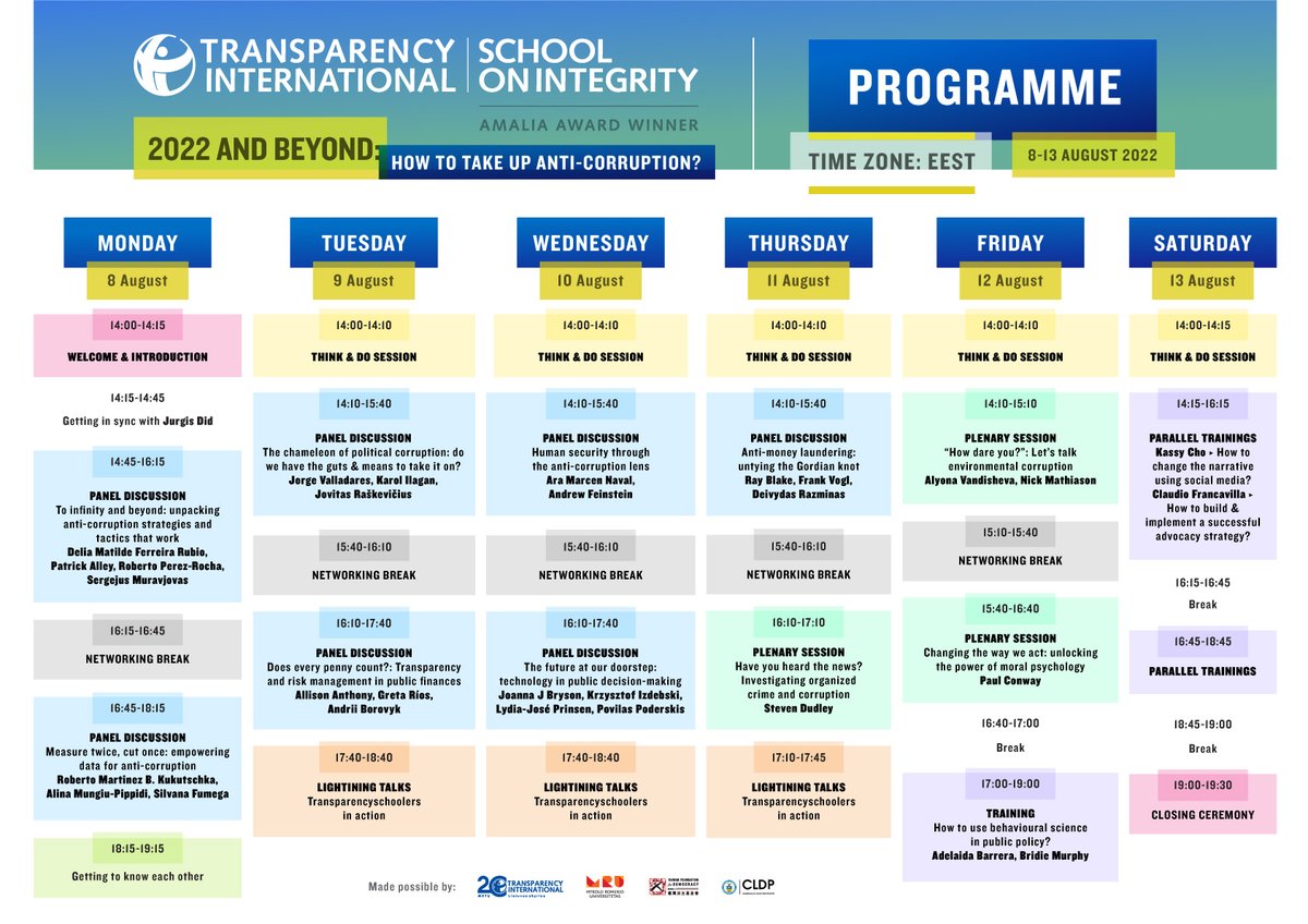 YouthIntegrity's tweet photo. Beyond excited to share the final #program for the Transparency International School on Integrity 2022.
Under the theme '2022 and beyond: how to take up anti-corruption?' we are ready to discuss corruption and integrity. Looking forward to Monday!
#TransparencySchool #TISI2022 https://t.co/HsutyjYAW7