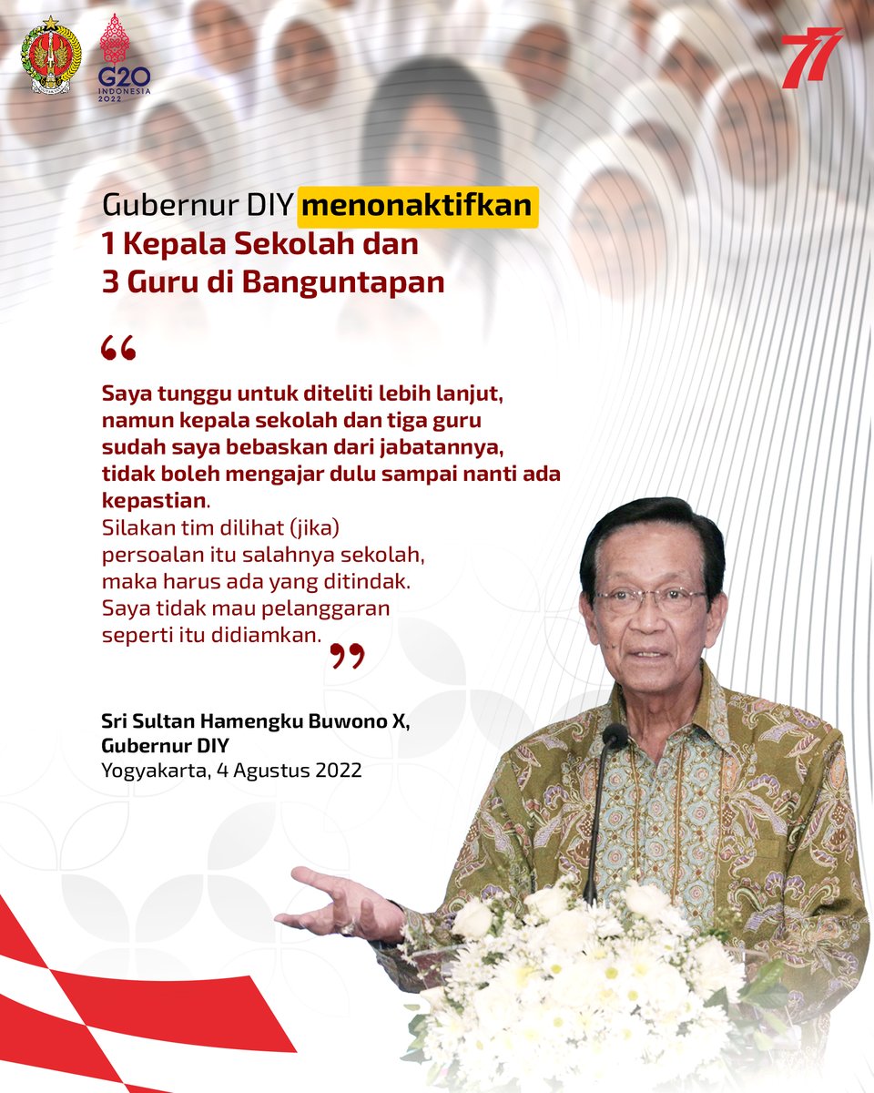 kominfodiy's tweet photo. Gubernur Daerah Istimewa Yogyakarta Sri Sultan Hamengku Buwono X telah menonaktifkan kepala sekolah dan tiga guru SMA N 1 Banguntapan, Bantul.
#Banguntapan
#Jogja
#JogjaIstimewa
#Yogyakarta
#SriSultanHBX
#SriSultan https://t.co/ocP750Scut