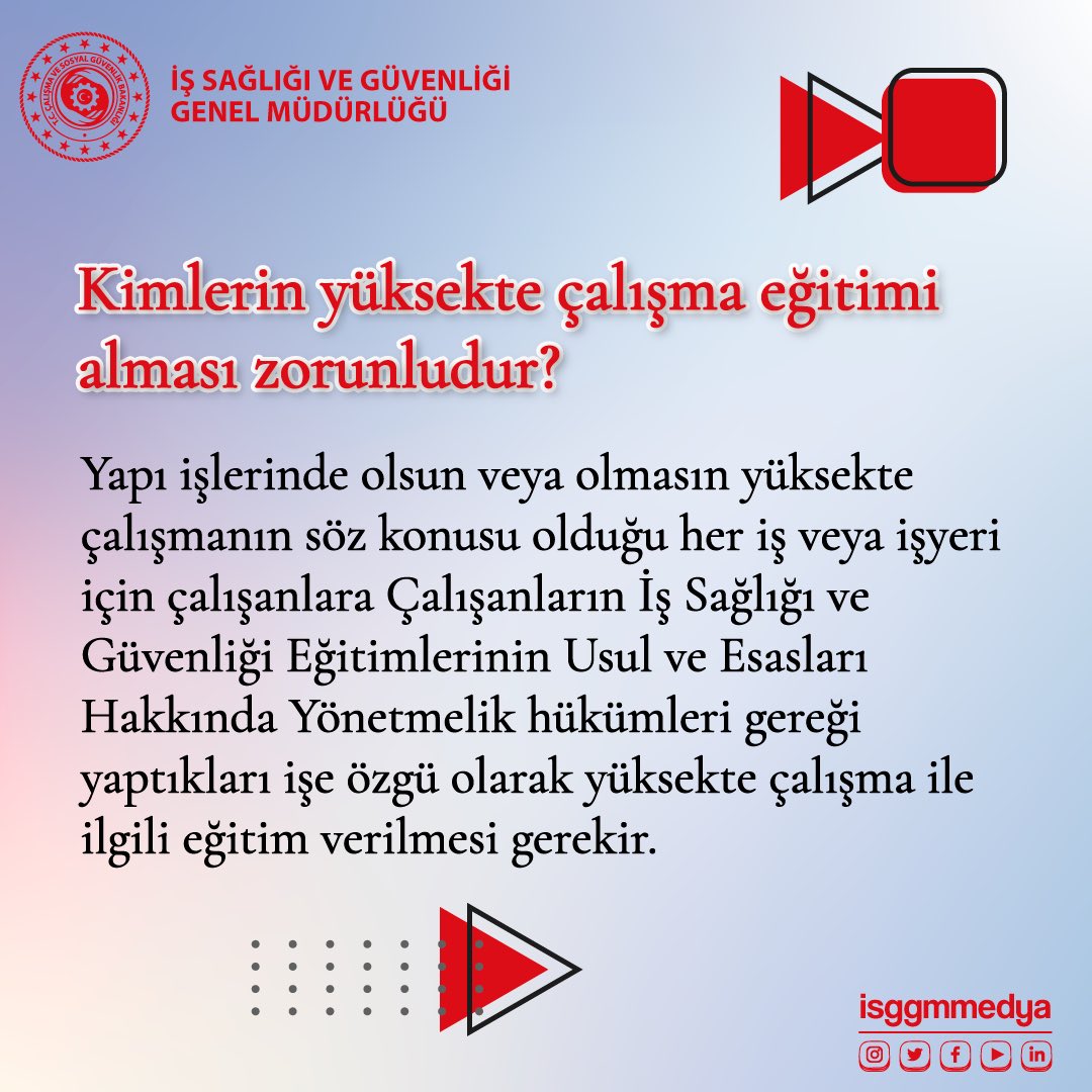 isggmmedya's tweet photo. Gerekli görülmesi halinde yüksekte çalışma ile ilgili eğitim; iş güvenliği uzmanı yerine Çalışanların İş Sağlığı ve Güvenliği Eğitimlerinin Usul ve Esasları Hakkında Yönetmelik’in 13. maddesinde belirtilen diğer kişi ve kuruluşlardan da alınabilir.
@vedatbilgn @csgbakanligi https://t.co/4D1RqtkXLi