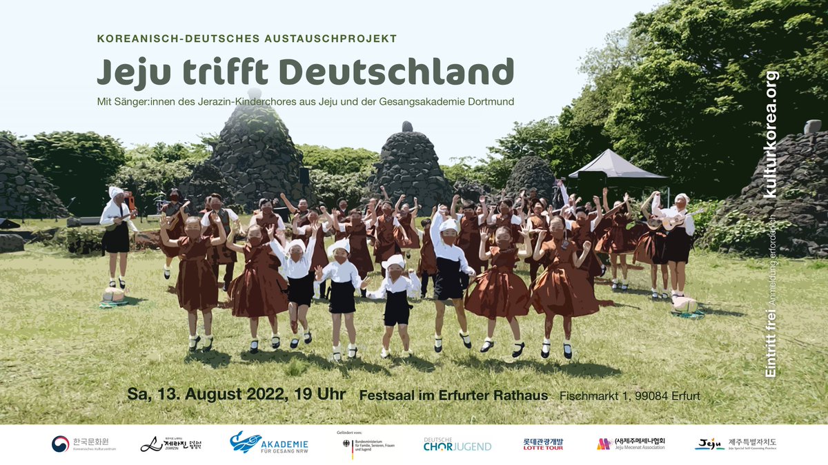KulturKorea's tweet photo. 🎶JEJU TRIFFT DEUTSCHLAND🇩🇪
🎼 Mit Sänger:innen des Jerazin-Kinderchores aus Jeju und der Akademie für Gesang NRW
👉 https://t.co/GcPtp6thJw

#jeju #dialekt #nrw #AkademiefürGesangNRW #Jerazin #Kinderchore #dialekt #musik #konzert #korea #koreanisch #südkorea #광복절 https://t.co/nKsvlemCkL