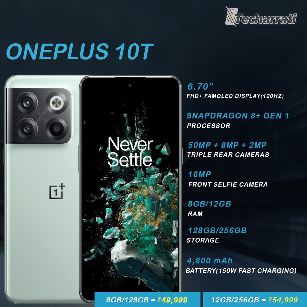 techarrati's tweet image. #OnePlus has finally launched the #10T 5G smartphone in India. Like the pricing?