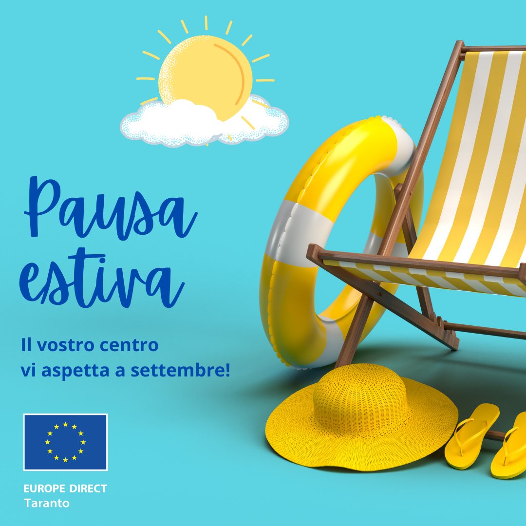 eudirecttaranto's tweet photo. Piccola pausa estiva per il nostro ufficio e il nostro #infodesk 🏖
Lo sportello del nostro centro riaprirà al pubblico da settembre ☀️
#tarantoineuropa https://t.co/oSqpwmEAmE